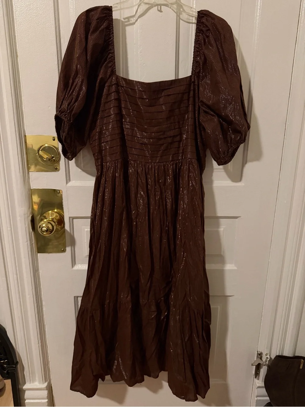 LC Lauren Conrad Chocolate Brown Puff-Sleeve Tiered Midi Dress - Picture 3 of 5